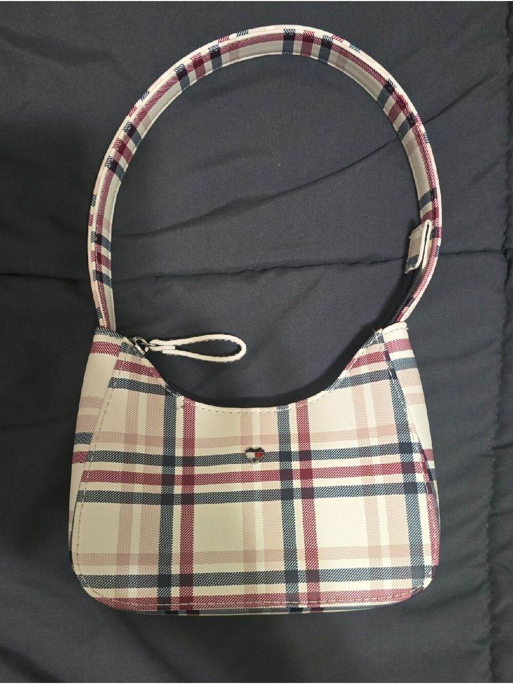 Tommy Hilfiger Mini Plaid Shoulder Hobo Bag Cream Burgundy Navy NWOT